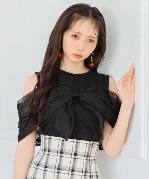 tシャツ リボンレイヤードカットトップス レディース