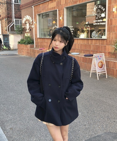 Aelina ピーコート pコート ダブルブレストポケット付きコート