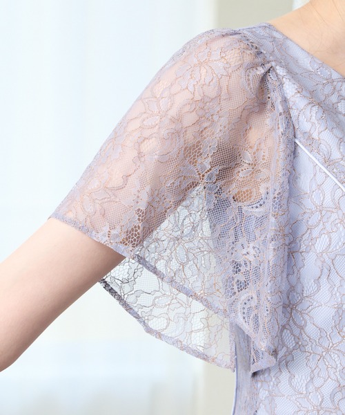 パーティードレス ドレス ラッセルレースパイピング袖付きフレアパーティードレス　結婚式　お呼ばれ　ドレス　20代 30代の画像