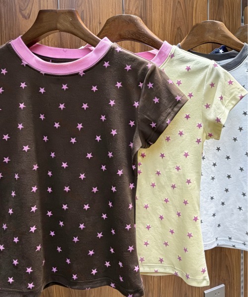 ピンク 星柄 半袖Tシャツ WEGO（ウィゴー） tシャツ 半袖 星柄ショート丈リンガーTシャツ