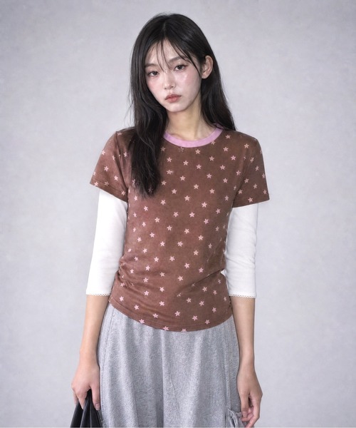 WEGO（ウィゴー） tシャツ 半袖 星柄ショート丈リンガーTシャツ