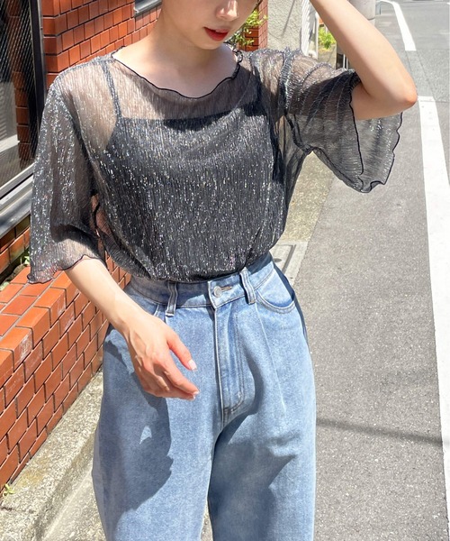 ガラスの人形 カットソー ピンク 同梱不可商品]カットソーキャミと綿素材シアーシャツのセット