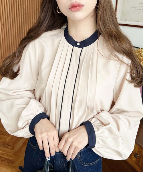 moment+ ブラウス シャツ フロントタックバイカラーデザイン長袖