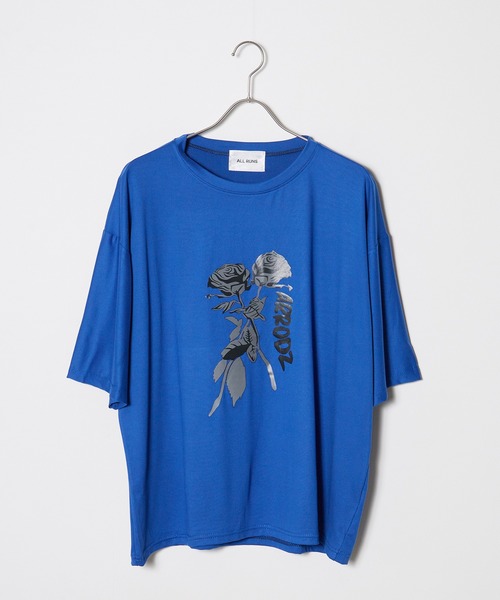 カットソー黒　薔薇モチーフお袖 ROOP TOKYO tシャツ 薔薇モチーフ S/SプリントTシャツ メンズ