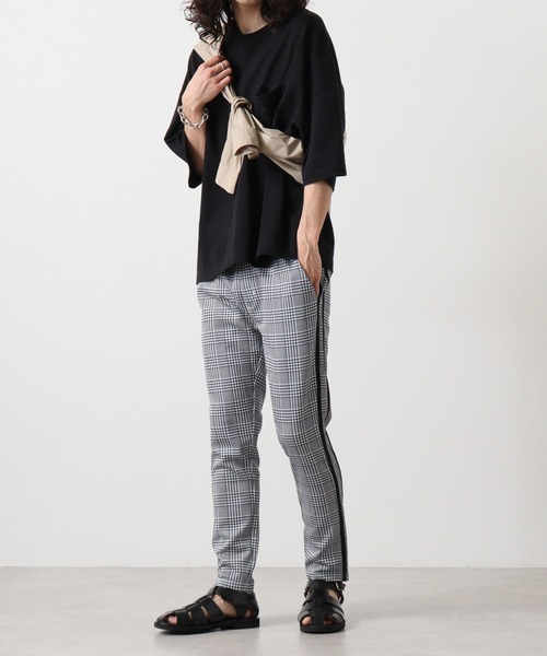 チェック柄 スラックス 黒サイドライン EVOLUTION スラックス Slim check sideline pants / チェック柄