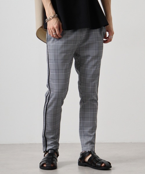 チェック柄 スラックス 黒サイドライン EVOLUTION スラックス Slim check sideline pants / チェック柄
