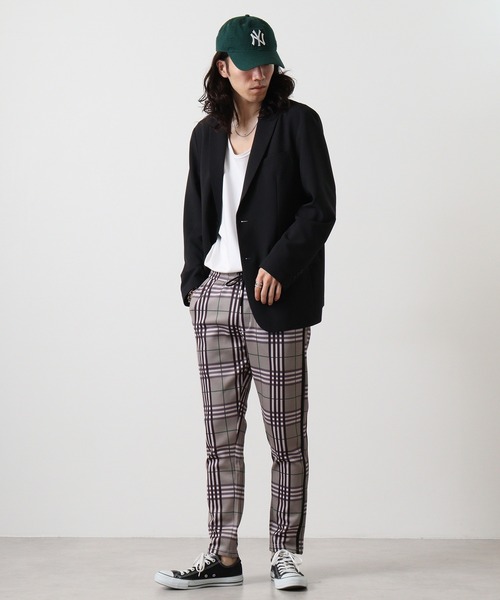 チェック柄 スラックス 黒サイドライン EVOLUTION スラックス Slim check sideline pants / チェック柄