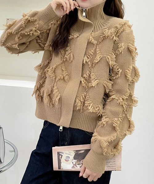 deux amour カーディガン フリンジデザインZIPアップニット