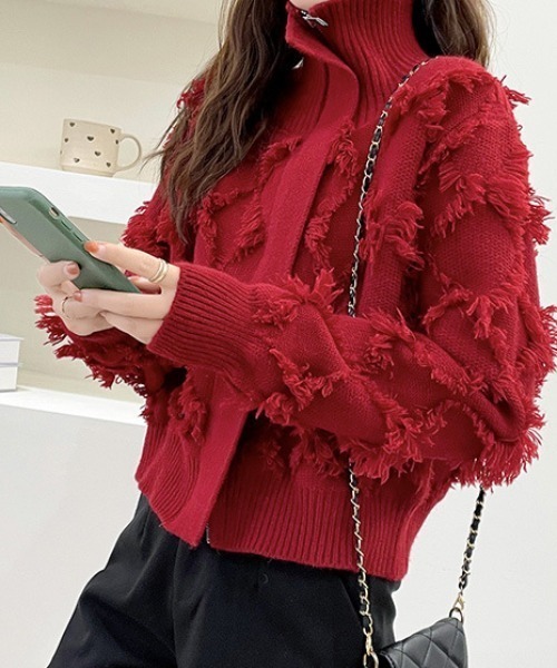 deux amour カーディガン フリンジデザインZIPアップニット