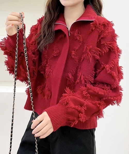 deux amour カーディガン フリンジデザインZIPアップニット