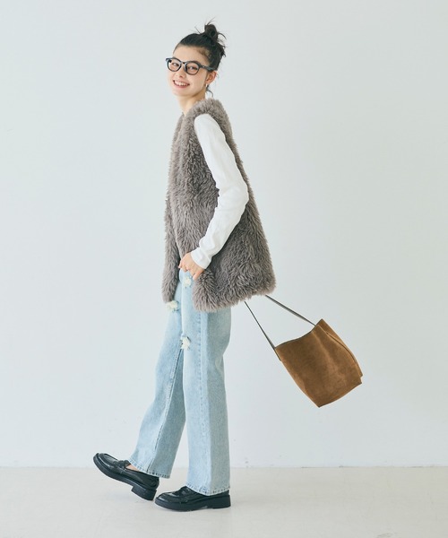 新品未使用タグ付き　YONFA クーコーベスト　（gray brown） coca（コカ） ベスト ジレ フェイクファーベスト ポケット付き