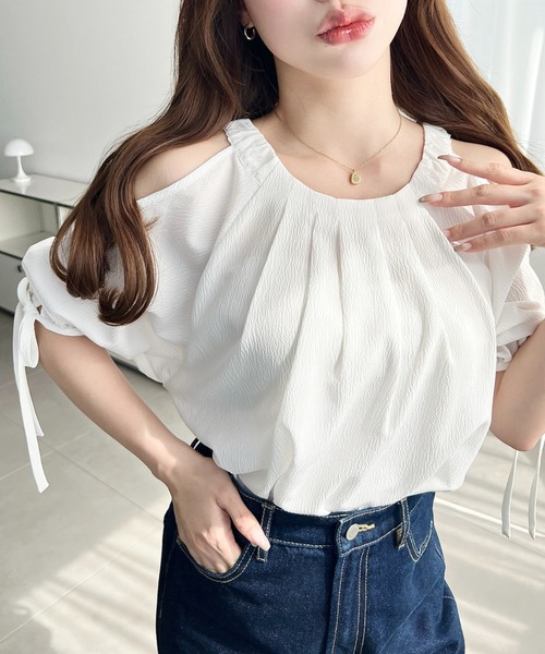 moment+ ブラウス シャツ クレーププリーツフロントタック半袖肩開き moment+ ブラウス シャツ クレーププリーツフロントタック半袖肩開き