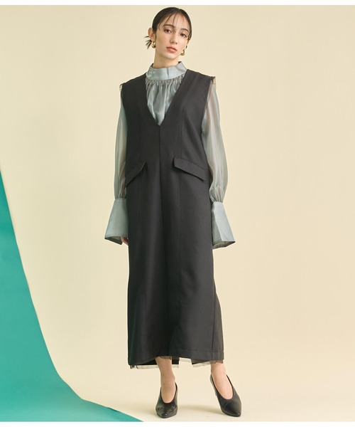ワンピース シャツワンピース Vネック ダブルブレストS/XL Settimissimo ワンピース Vネック フロントダーツ Iライン