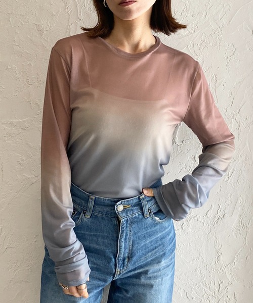 She's Closet tシャツ グラデーションクルーネック長袖シースルー