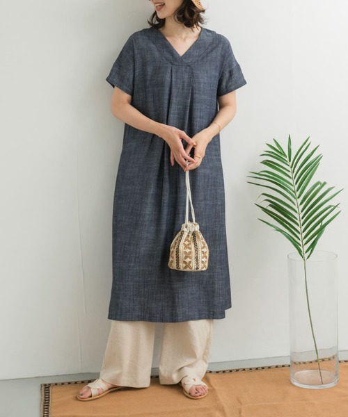 URBAN RESEARCH DOORS ワンピース リネン混Vネックミディワンピース