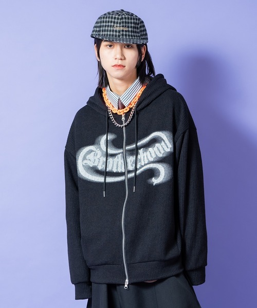 パーカー a.p.o.v. ビッグロゴスプレープリントリブニットオーバーサイズジップアップパーカー メンズ レディース パーカー a.p.o.v. ビッグロゴスプレープリントリブニットオーバーサイズジップアップパーカー メンズ レディース