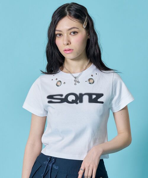 SEQUENZE tシャツ WEB限定 / アイレット ぼかしロゴ半袖ピチT sqnz