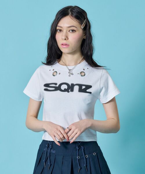 SEQUENZE tシャツ WEB限定 / アイレット ぼかしロゴ半袖ピチT sqnz