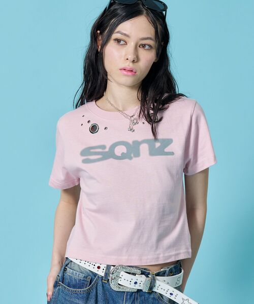 SEQUENZE tシャツ WEB限定 / アイレット ぼかしロゴ半袖ピチT sqnz