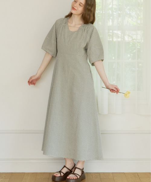 OLUN ワンピース 半袖 2way cocoon sleeve check onepiece/2way
