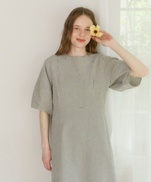 OLUN ワンピース 半袖 2way cocoon sleeve check onepiece/2way