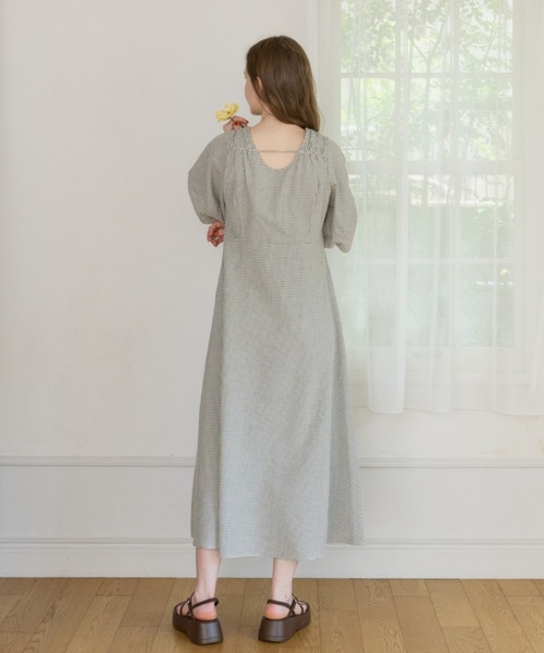 OLUN ワンピース 半袖 2way cocoon sleeve check onepiece/2way