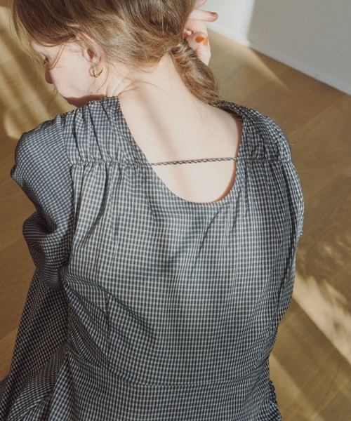 OLUN ワンピース 半袖 2way cocoon sleeve check onepiece/2way