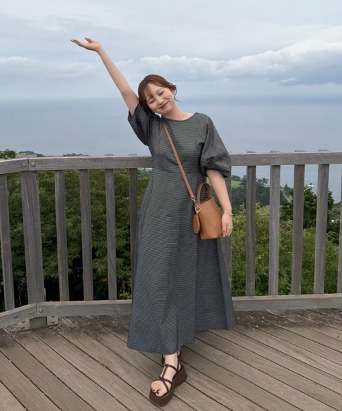 OLUN ワンピース 半袖 2way cocoon sleeve check onepiece/2way