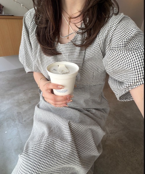 OLUN ワンピース 半袖 2way cocoon sleeve check onepiece/2way