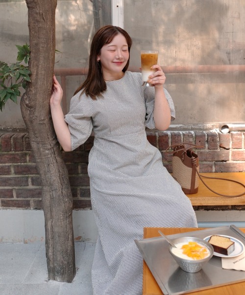 OLUN ワンピース 半袖 2way cocoon sleeve check onepiece/2way