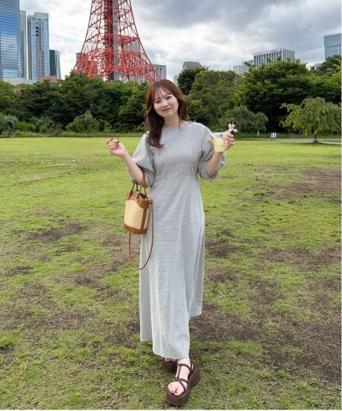 OLUN ワンピース 半袖 2way cocoon sleeve check onepiece/2way