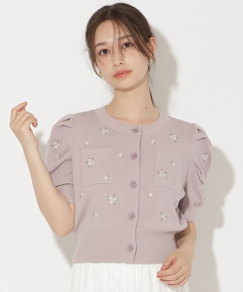カーディガン 小花刺繍タックスリーブカーディガン レディースの画像