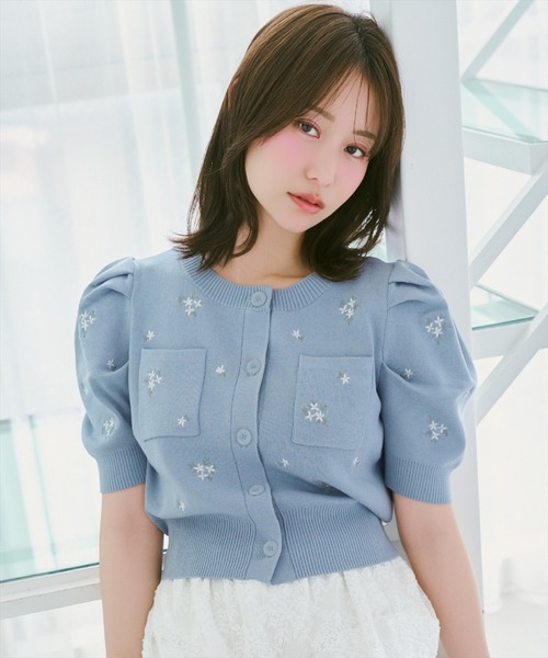 カーディガン 小花刺繍タックスリーブカーディガン レディースの画像