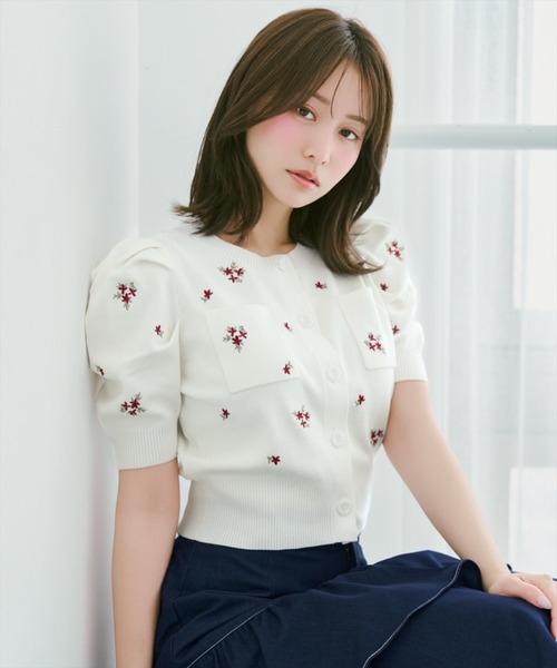 カーディガン 小花刺繍タックスリーブカーディガン レディースの画像