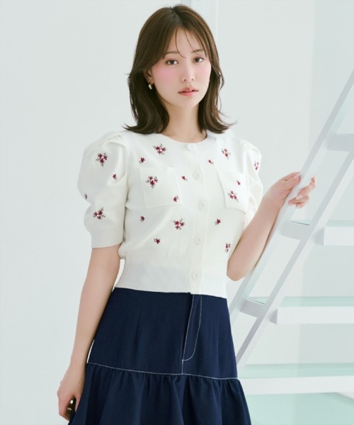 カーディガン 小花刺繍タックスリーブカーディガン レディースの画像