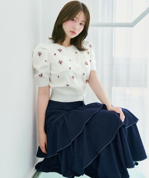 カーディガン 小花刺繍タックスリーブカーディガン レディースの画像
