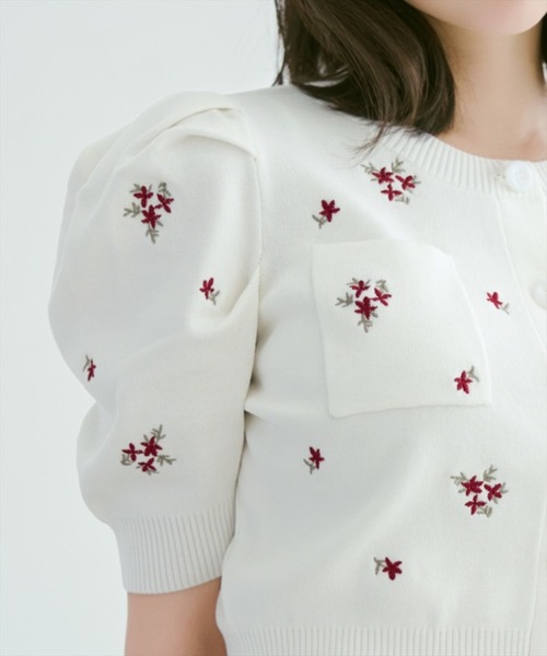 カーディガン 小花刺繍タックスリーブカーディガン レディースの画像