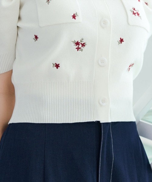 カーディガン 小花刺繍タックスリーブカーディガン レディースの画像