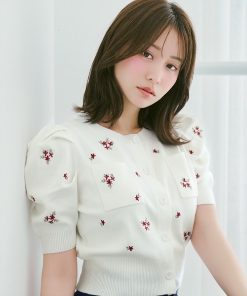 カーディガン 小花刺繍タックスリーブカーディガン レディースの画像
