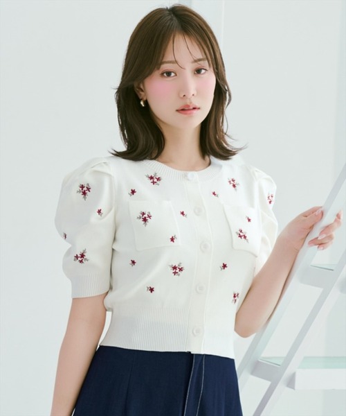 カーディガン 小花刺繍タックスリーブカーディガン レディースの画像