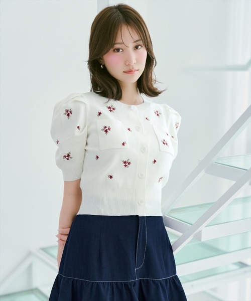 カーディガン 小花刺繍タックスリーブカーディガン レディースの画像