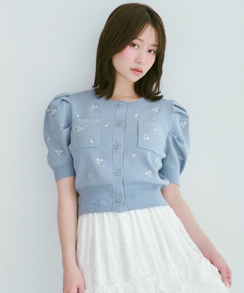 カーディガン 小花刺繍タックスリーブカーディガン レディースの画像