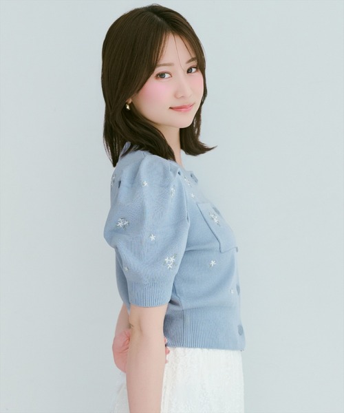 カーディガン 小花刺繍タックスリーブカーディガン レディースの画像