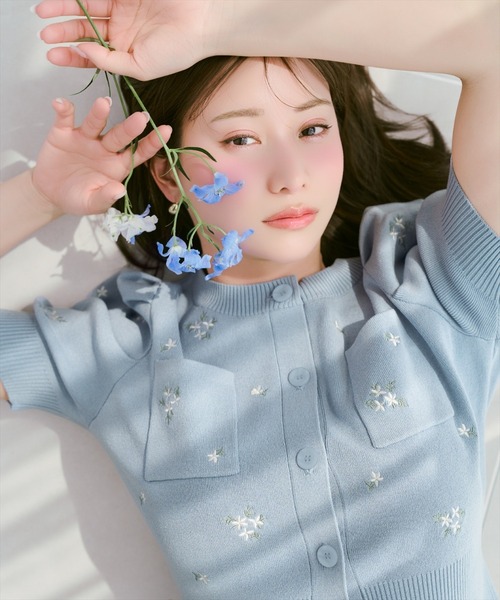 カーディガン 小花刺繍タックスリーブカーディガン レディースの画像