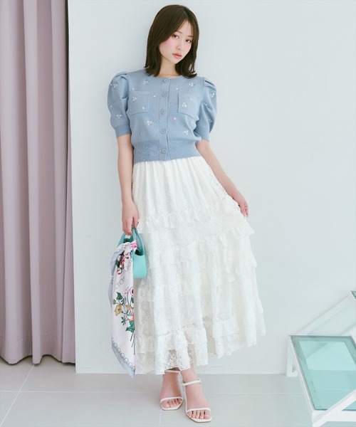 カーディガン 小花刺繍タックスリーブカーディガン レディースの画像