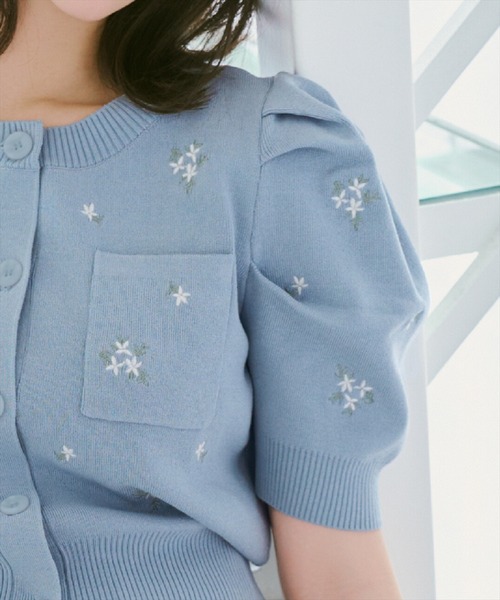 カーディガン 小花刺繍タックスリーブカーディガン レディースの画像