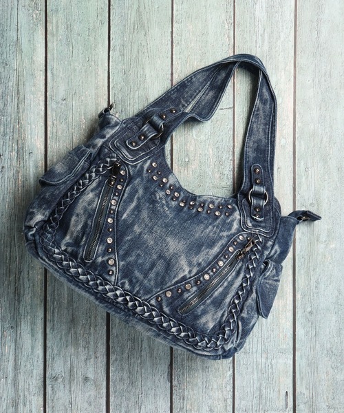 ショルダーバッグ BLACK JACKALL CROWN デニム スタッズ デコレーション 2WAY ショルダーバッグ トートバッグ
