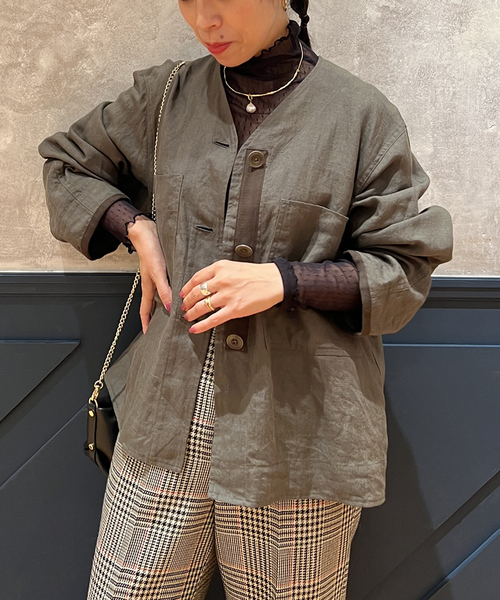 IENA LA BOUCLE ジャケット ブルゾン 麻シーチングVネック