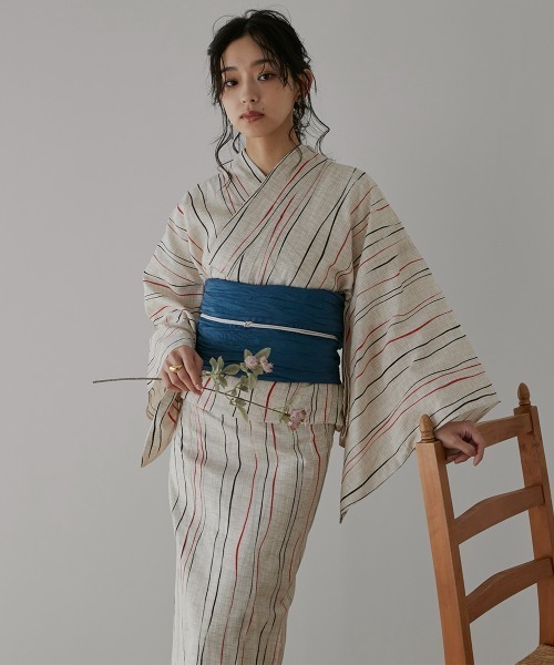 浴衣 「浴衣」古典柄綿麻ゆかた5点セット（ゆかた＋へこ帯＋下駄＋帯どめ＋腰ひも） レディース