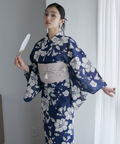 浴衣 「浴衣」古典柄綿麻ゆかた5点セット（ゆかた＋へこ帯＋下駄＋帯どめ＋腰ひも） レディース